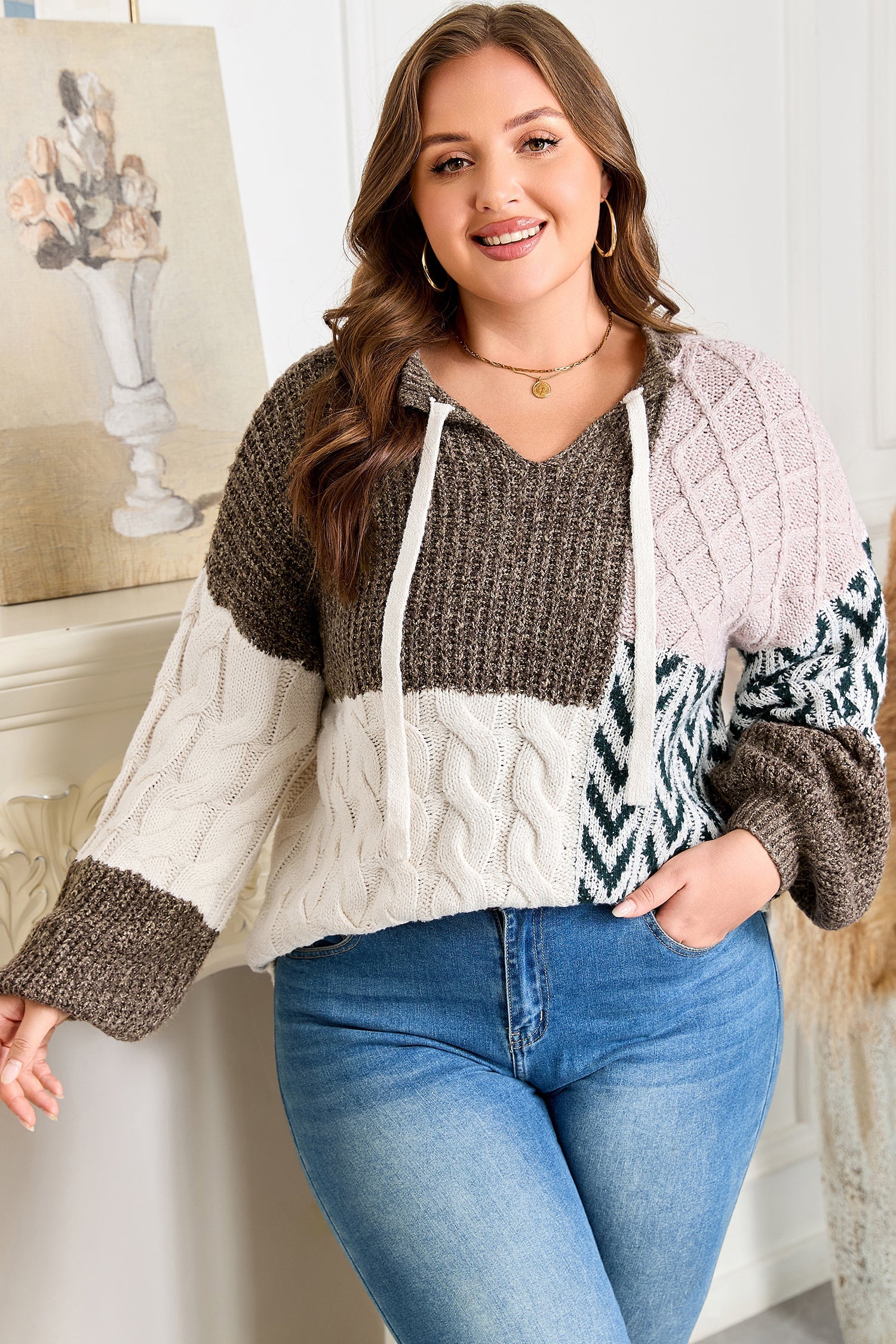 Brown Plus Size Color Block Patchwork Knotted Back Loose Fit Sweater Garden Naked Curves