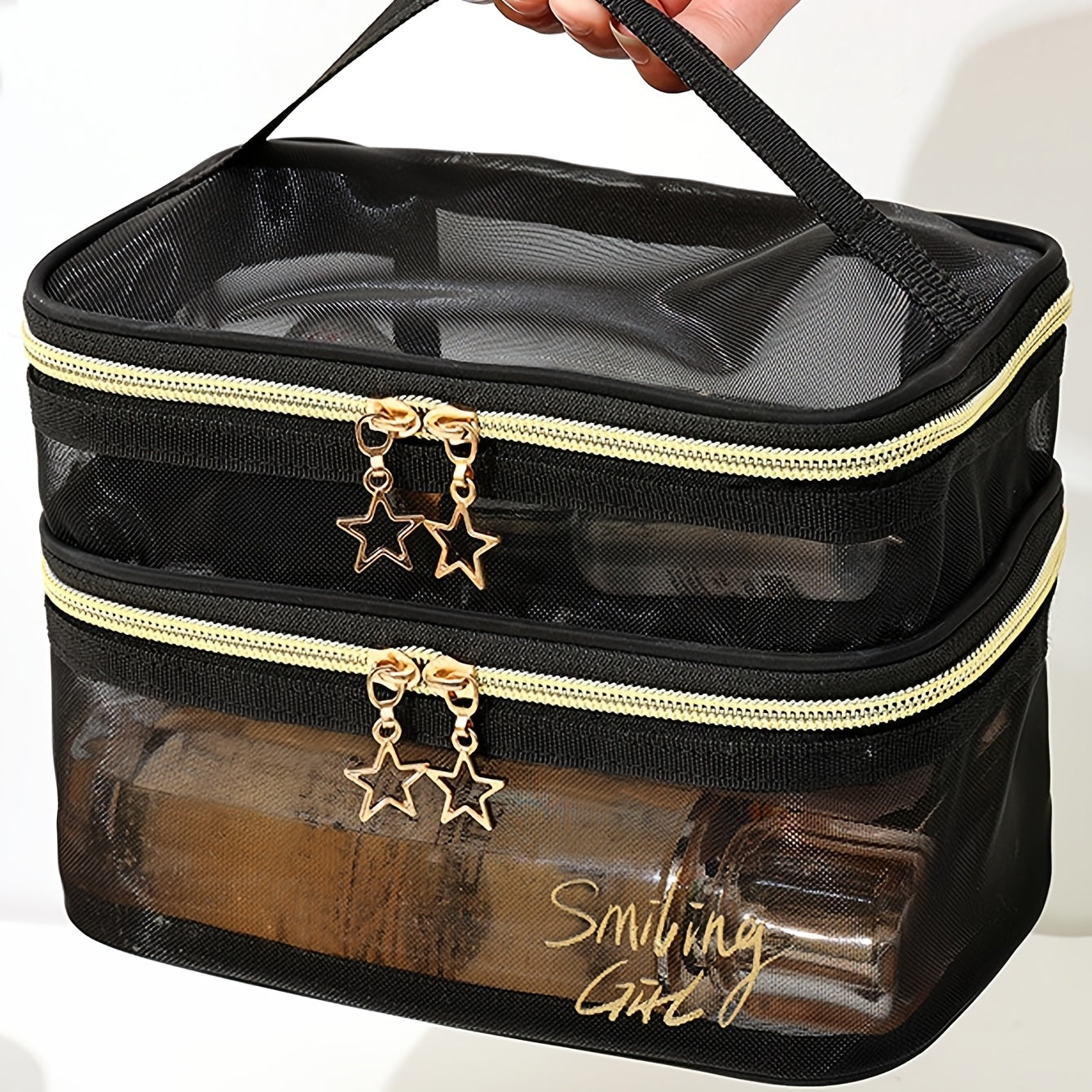 Double Layer Makeup Clear Mesh Purse Toiletry Cosmetic Bags Womens Portable Organizer Travel Size Beach Tote, Zipper Makeup Storage Vacation Must Haves NovaCart