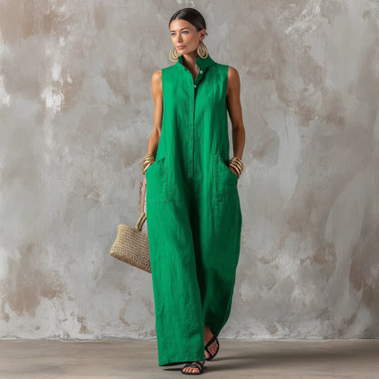 Linen Blend Sleeveless Stand-Collar Jumpsuit – 5 Colors S–3XL FitiqueFit