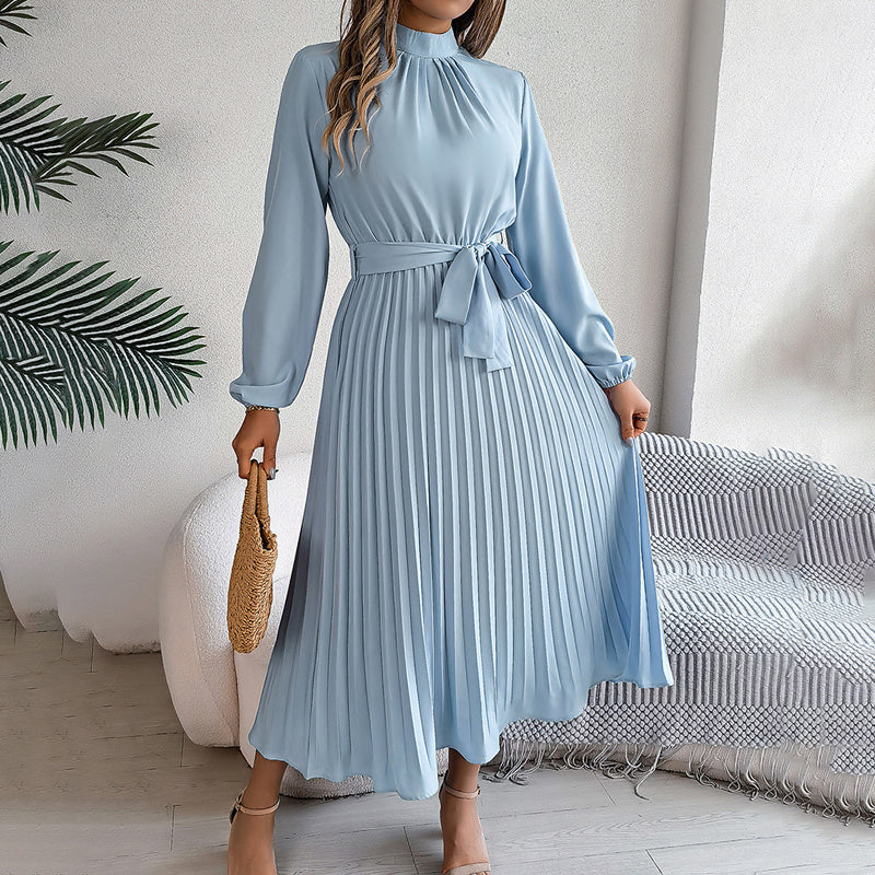 Elegant High Neck Long Sleeve Pleated Maxi Dress - Solid Color Flowy Dress For Women, Casual To Formal Wear Grayceful LLC