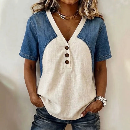 Women's Loose Denim Patchwork Color-Block T-Shirt FitiqueFit