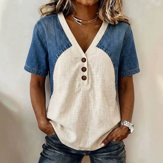 Women's Loose Denim Patchwork Color-Block T-Shirt FitiqueFit