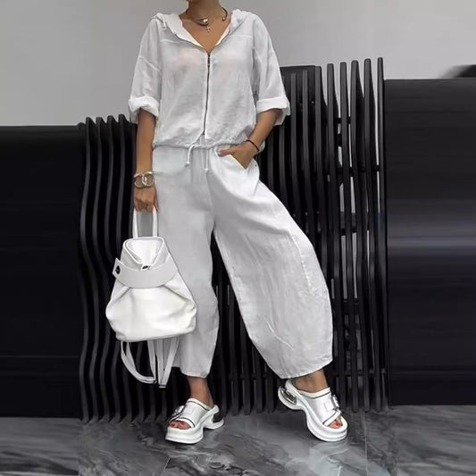Women’s Cotton Linen Long Sleeve Top and Pants Set FitiqueFit