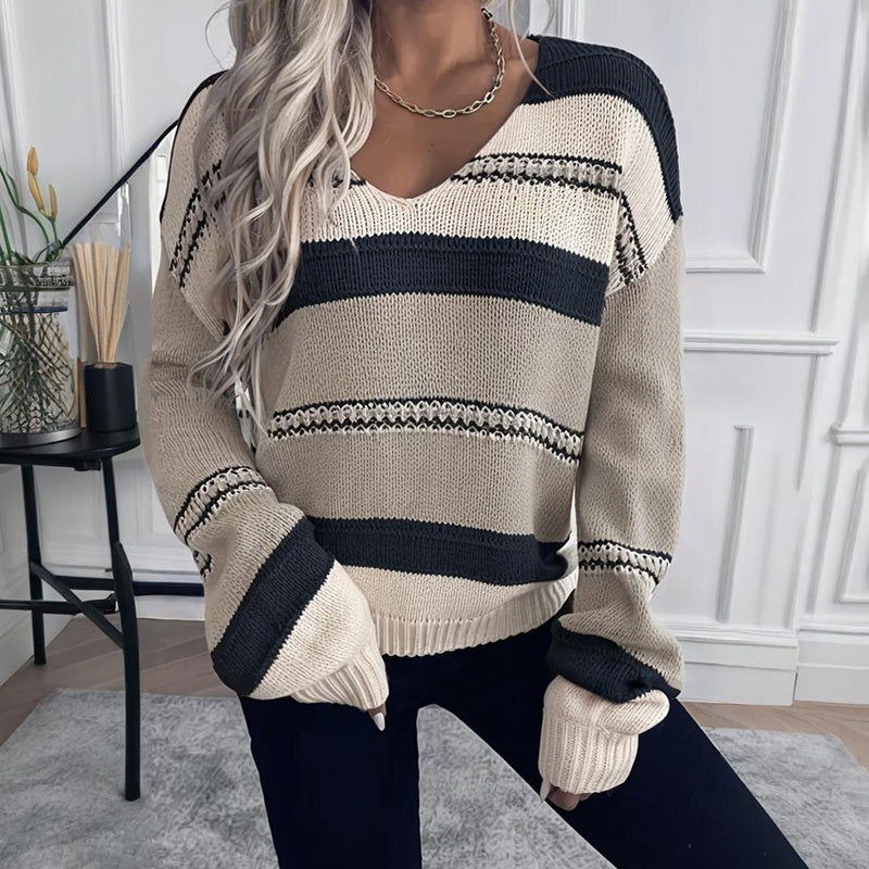 Women's French Vintage Striped Sweater | V-Neck Long Sleeve Stretch Knit FitiqueFit