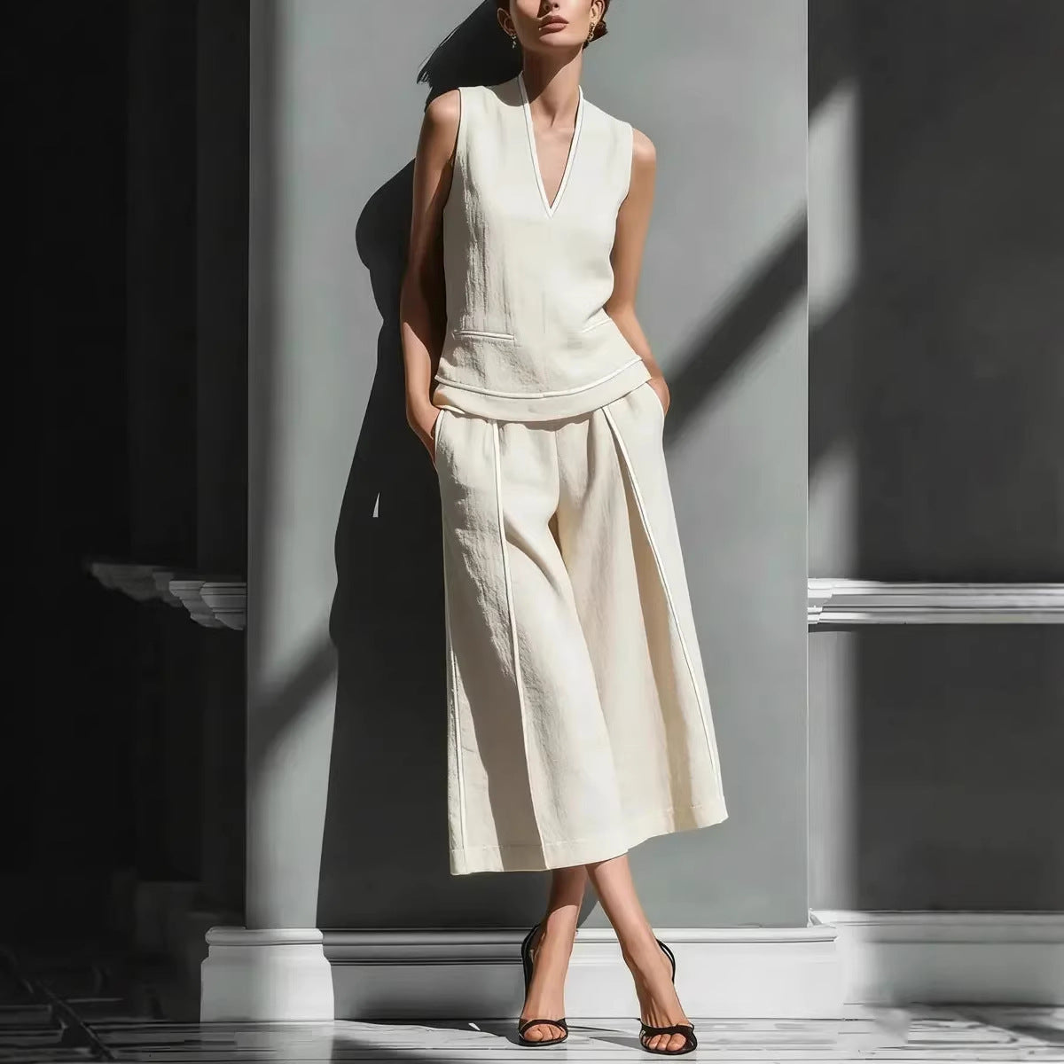 Women's Sleeveless Linen Shirt & Cropped Pants Set – Casual 2-Piece Outfit FitiqueFit