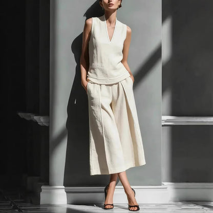 Women's Sleeveless Linen Shirt & Cropped Pants Set – Casual 2-Piece Outfit FitiqueFit