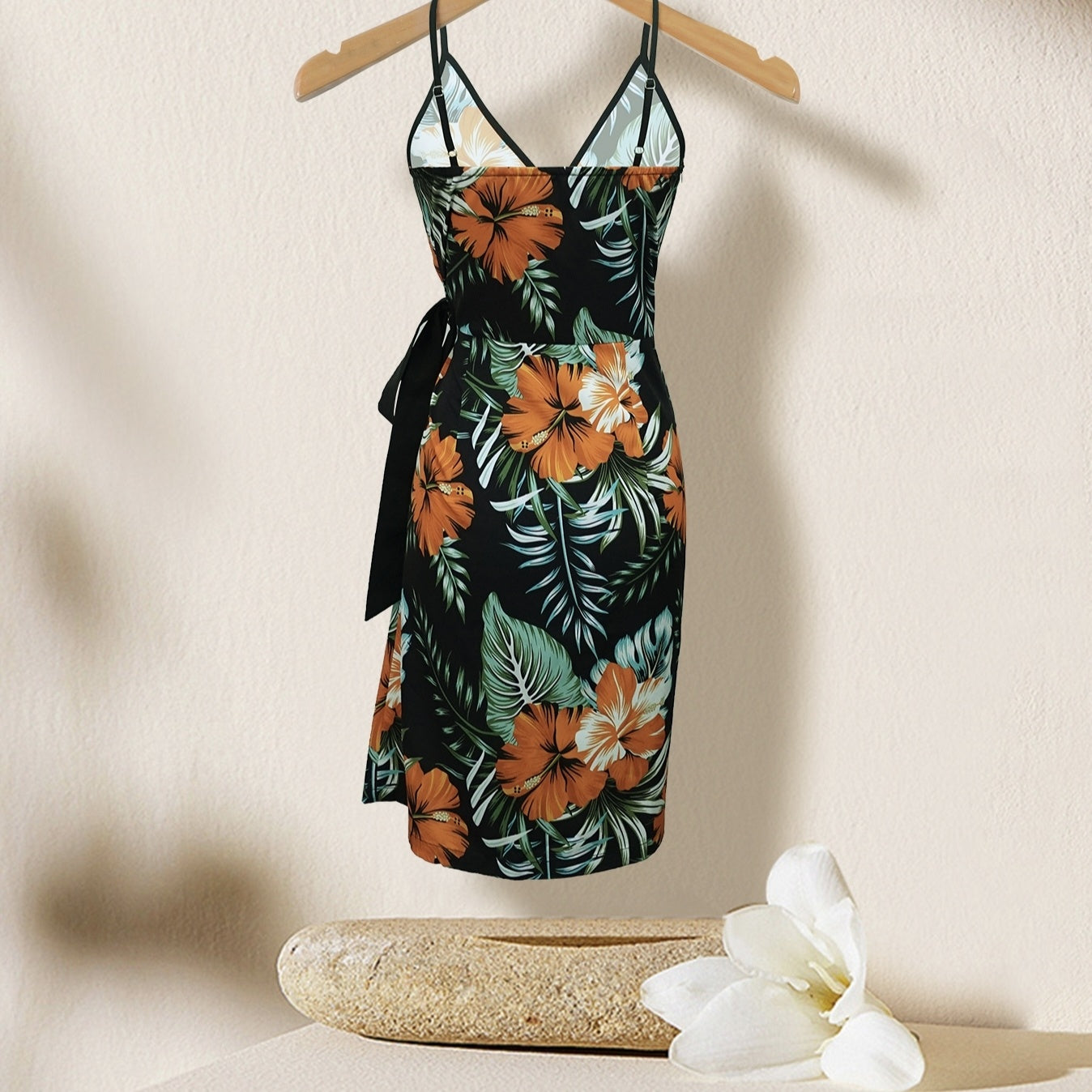 Women's V-neck Lace Up Plant Print Off Shoulder Versatile Dress FitiqueFit