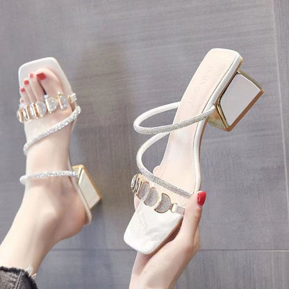 Women's Korean Style Rhinestone Single Strap Slide Sandals – Mid Chunky Heel FitiqueFit