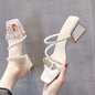 Women's Korean Style Rhinestone Single Strap Slide Sandals – Mid Chunky Heel FitiqueFit