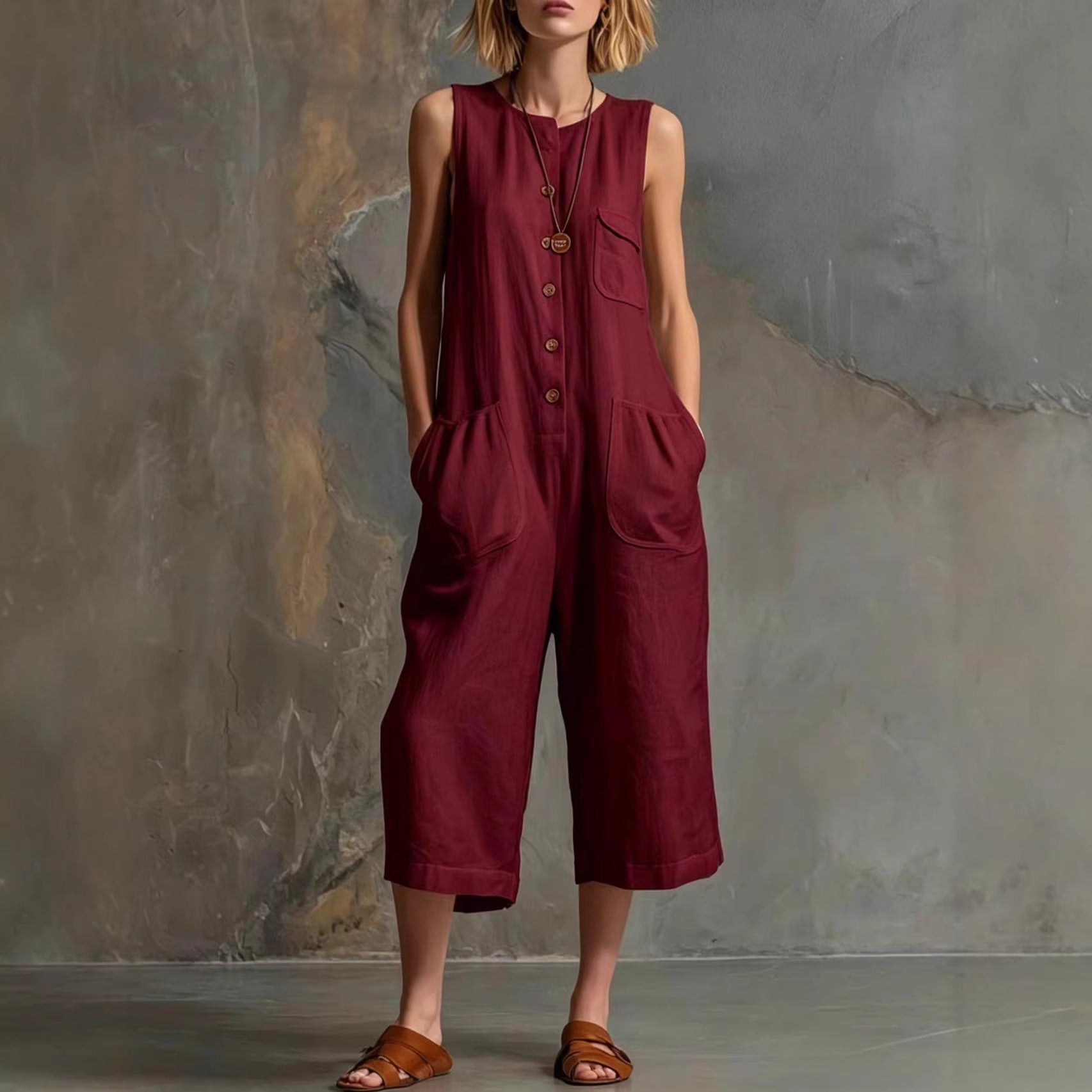 Women's Retro Sleeveless Wide-Leg Cropped Jumpsuit FitiqueFit