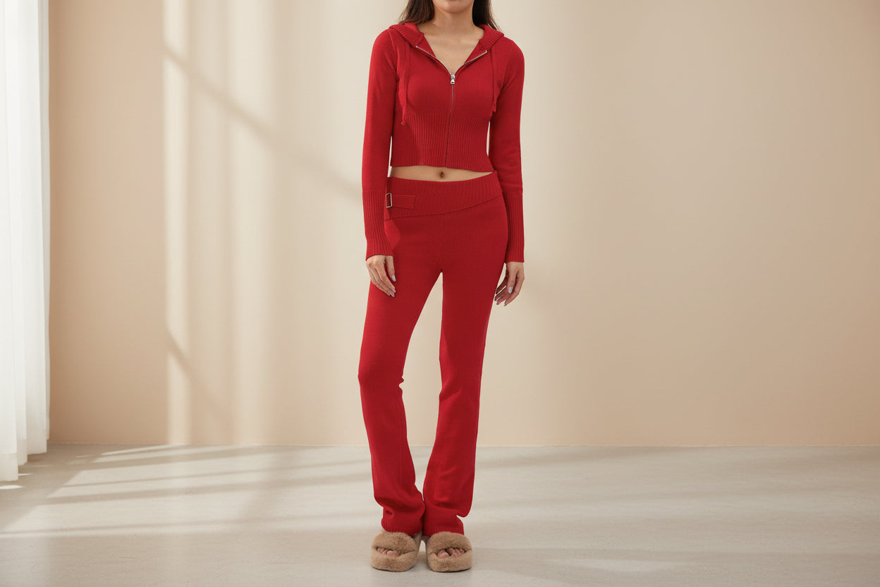 Women’s Knitted Hooded Two-Piece Set – Cardigan & High-Waisted Pants Suit FitiqueFit