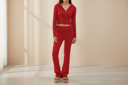 Women’s Knitted Hooded Two-Piece Set – Cardigan & High-Waisted Pants Suit FitiqueFit