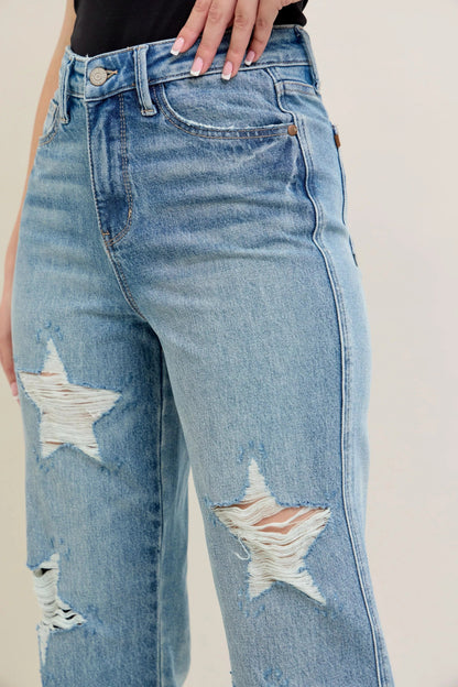 Judy Blue Full Size High Waist  Rigid Magic Star Shaped Destroy 90's Straight Jeans Plus Size Garden Naked Curves