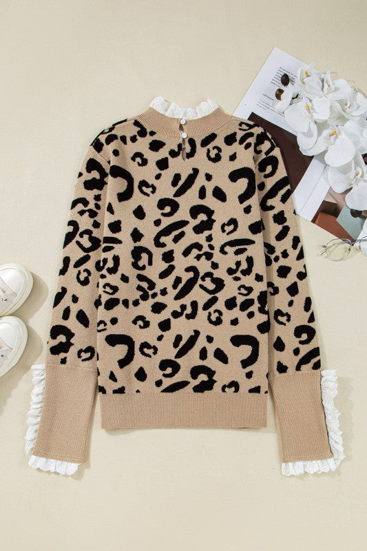 Leopard Lace Ribbed Trim Buttoned Cuff Sweater Shop Style & More | Fresh Looks, Everyday Deals & Free Shipping