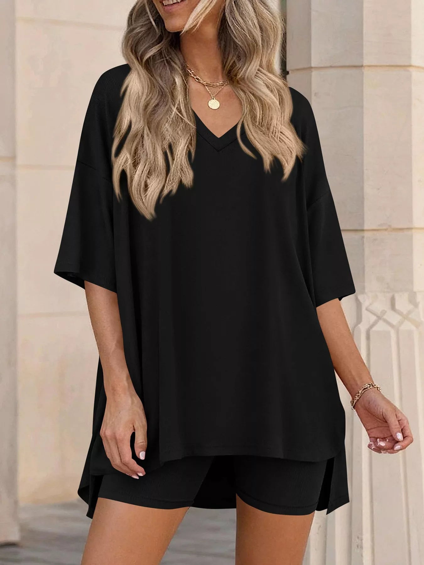 Full Size Casual Loose V-Neck T-Shirt & Shorts Set Plus Size New Era Fashion LLc
