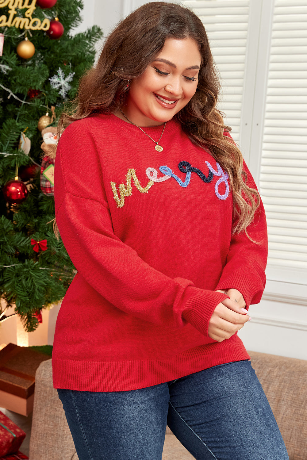 Fiery Red Tinsel merry Pattern Drop Shoulder Plus Size Sweater Garden Naked Curves