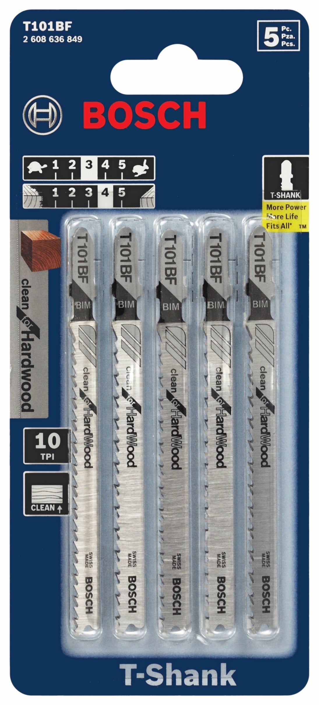 BOSCH T101BF 5 pc. 4 In. 10 TPI Variable Pitch Clean for Hardwood T-Shank Jig Saw Blades VM Hardware