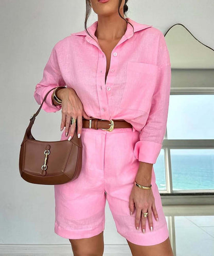 Women's Casual Long-Sleeve Shirt & Shorts Set – Cotton 2-Piece FitiqueFit