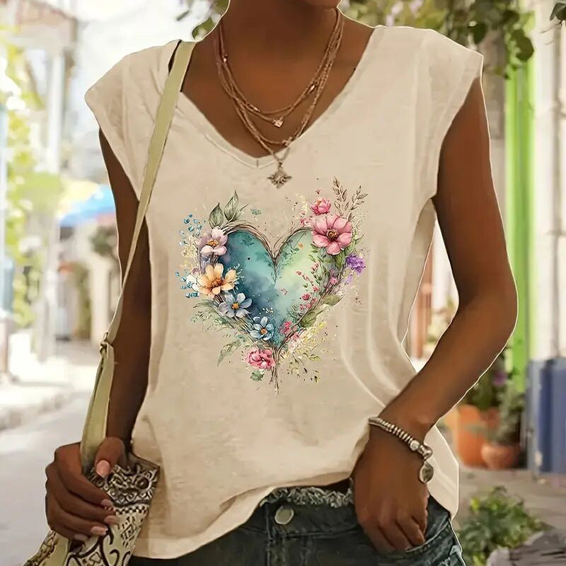 Short Sleeve T-Shirt Floral Heart Print Summer Casual Top FitiqueFit