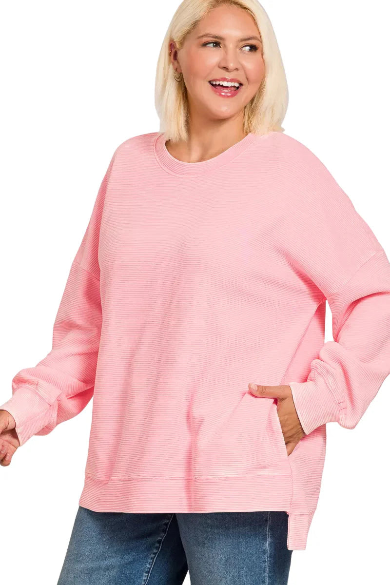 Zenana Full Size Acid Washed Double Ribbed Hi-low Sweatshirt Plus Size Garden Naked Curves