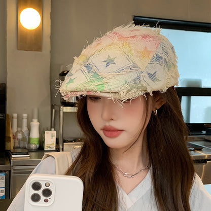 Colorful Plaid Star Distressed Beret — Korean Style Five-Pointed Hat FitiqueFit