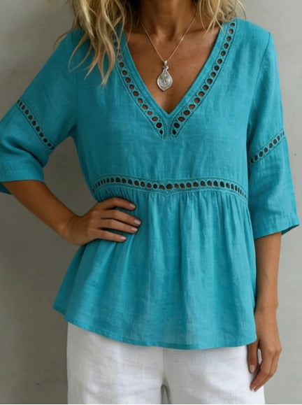 Women's V-Neck Hollow-Out Fringe Cotton-Linen Top FitiqueFit
