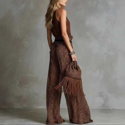 Leopard Print Sheer Wide-Leg Pants & Sleeveless Tank Top Set FitiqueFit