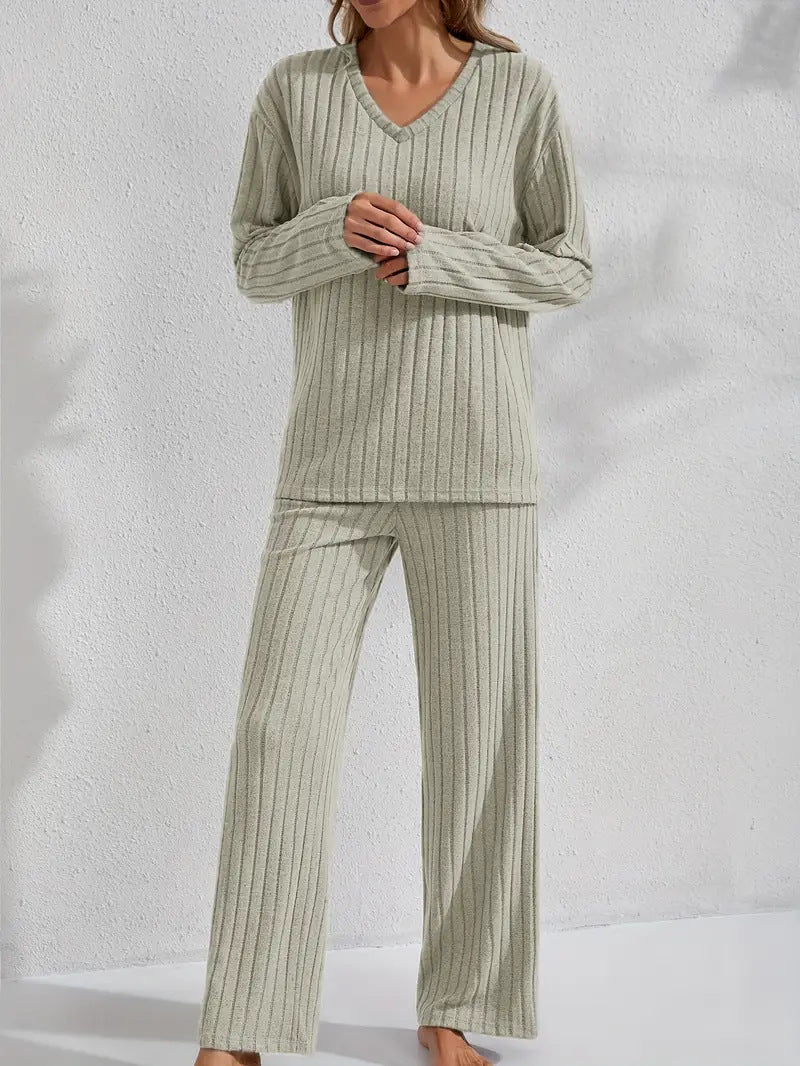 Women’s Ribbed Long Sleeve Top and Pants Loungewear Set FitiqueFit
