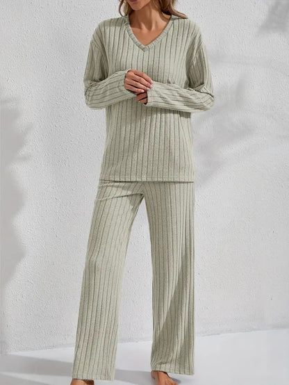 Women’s Ribbed Long Sleeve Top and Pants Loungewear Set FitiqueFit