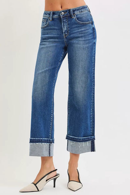 RISEN Mid Rise Ankle Straight Jeans with Cuffed Hem West2East Surf
