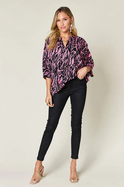 Double Take Full Size Printed Notched Three-Quarter Sleeve Blouse New Era Fashion LLc