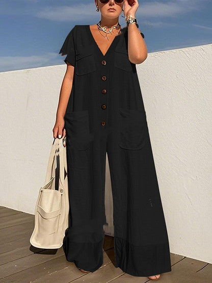 Single-breasted Pocket Elegant Solid Color Jumpsuit Grayceful LLC