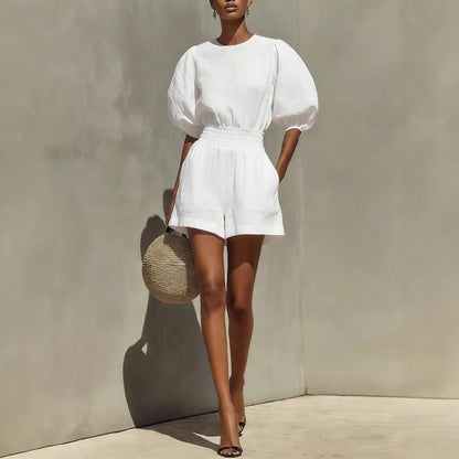 Women's Puff-Sleeve Top & Cropped Shorts Set – Casual Chic FitiqueFit