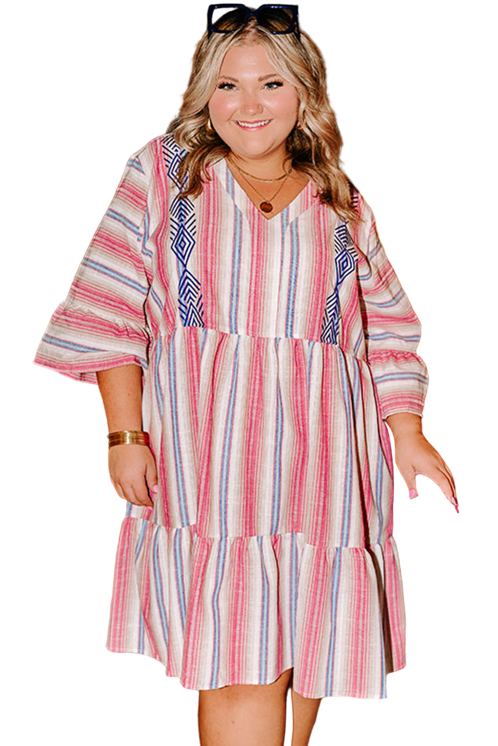 White Stripe Plus Size Embroidered Detail Flared 3/4 Sleeve V Neck Dress Garden Naked Curves
