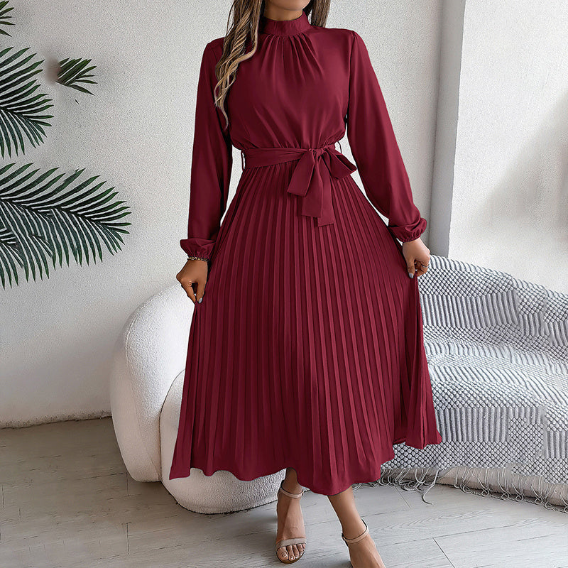 Elegant High Neck Long Sleeve Pleated Maxi Dress - Solid Color Flowy Dress For Women, Casual To Formal Wear Grayceful LLC