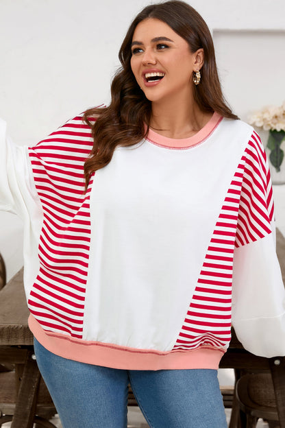 Red Stripe Color Block Patchwork Seam Detail Plus Size Sweatshirt Garden Naked Curves