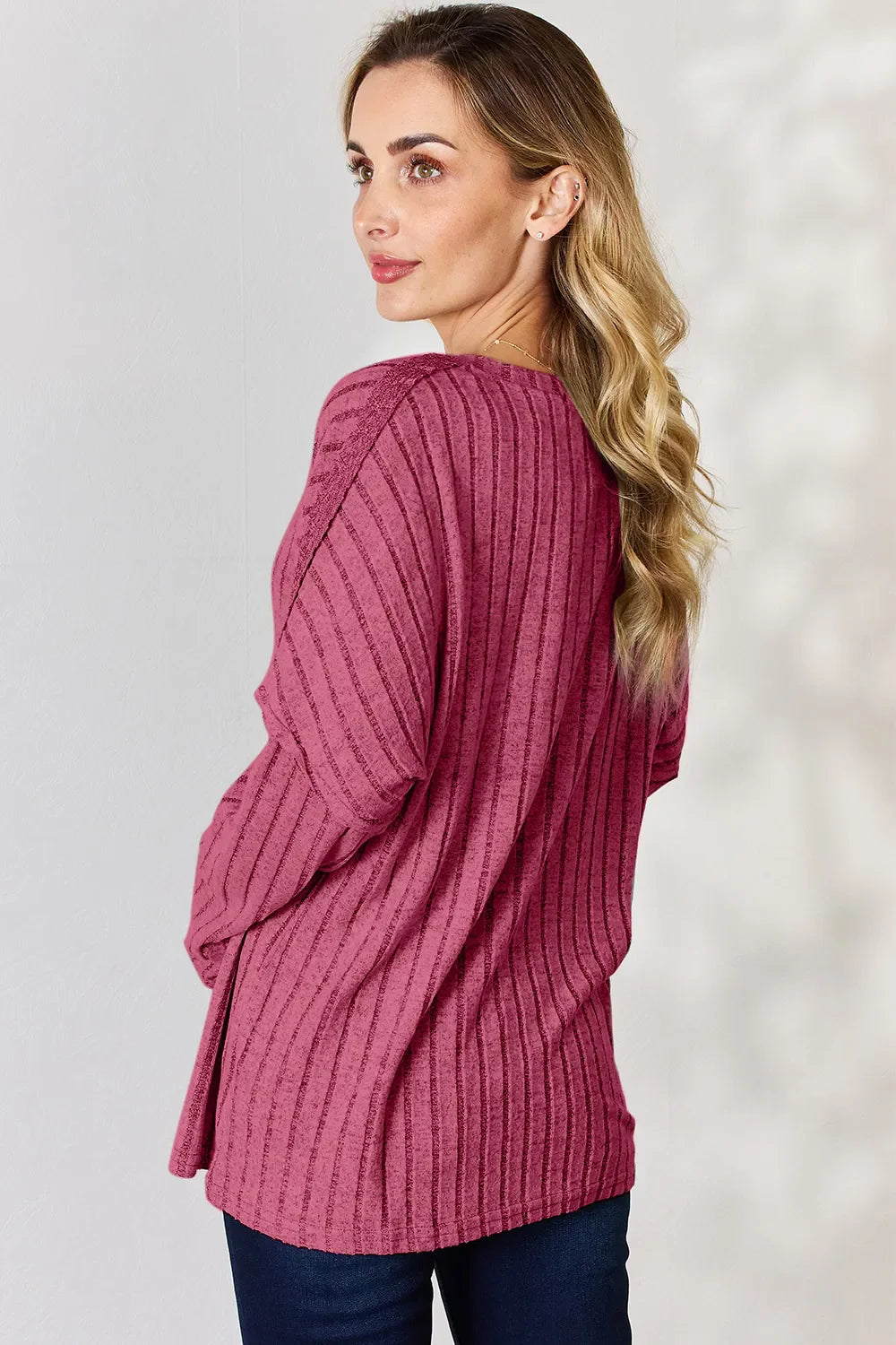 Basic Bae Full Size Ribbed Half Button Long Sleeve T-Shirt New Era Fashion LLc