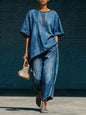 Women's Denim-Style Knit Top & Wide-Leg Pants Set – Casual 2-Piece FitiqueFit