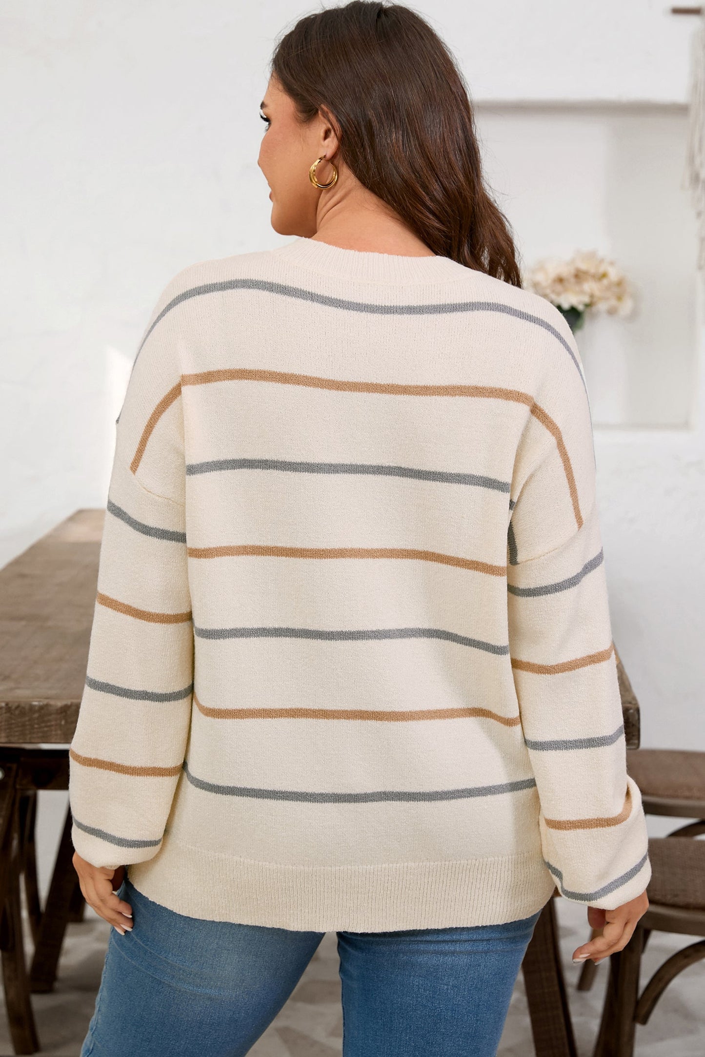 Multicolour Striped Drop Shoulder Plus Sweater Garden Naked Curves