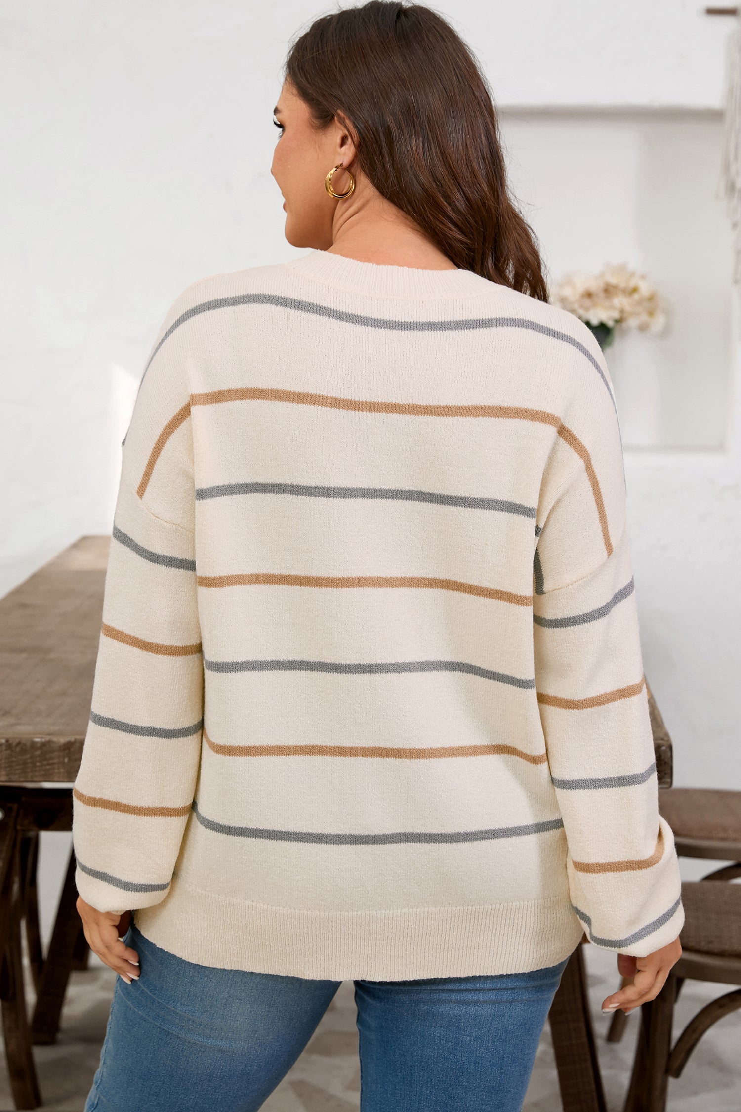 Multicolour Striped Drop Shoulder Plus Sweater Garden Naked Curves