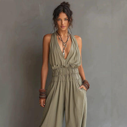 Women's V-Neck Halter Jumpsuit – Sleeveless Open Back Waist-Cinching FitiqueFit