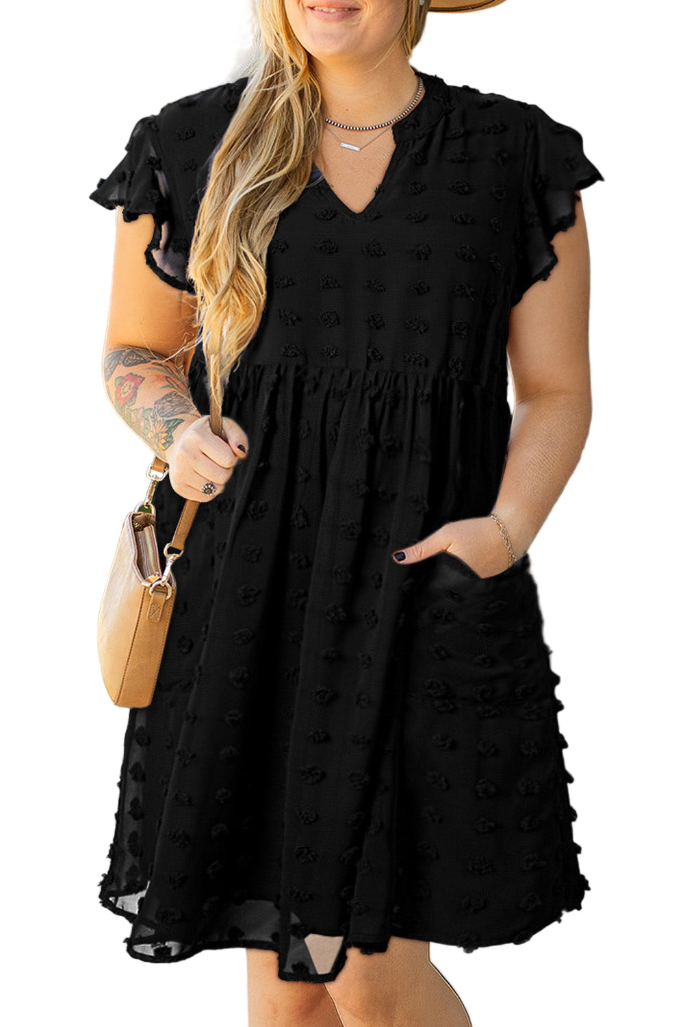 Black Dotty Textured Notched Neck Plus Ruffled Dress Garden Naked Curves