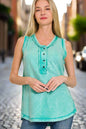 Zenana Washed Half-Button Raw Edge Sleeveless Henley Top FitiqueFit