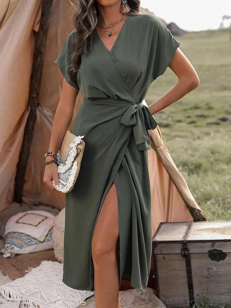 Commuting Fashion Forged Split Women's Solid Color Wrap Suspender Dress Grayceful LLC