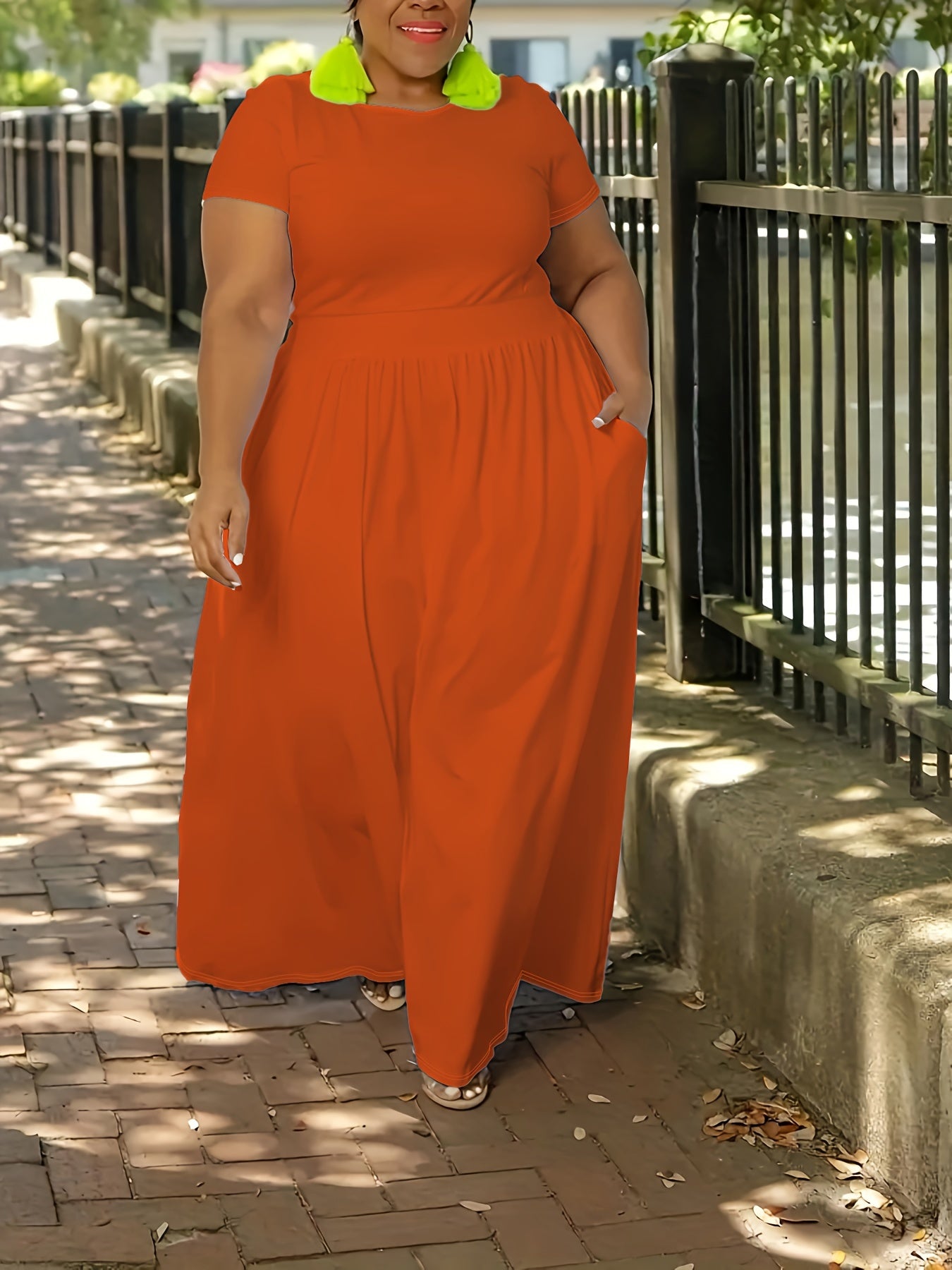 Plus Size Solid Short Sleeve Maxi Dress, Women's Plus Medium Stretch Elegant Long Dress NovaCart