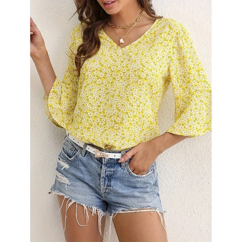 Womens Summer Floral Print Blouses V-Neck Flare Sleeve Tops FitiqueFit