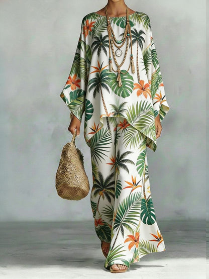 Floral Print Bamboo Linen Two-Piece Set | Wide-Leg Pants FitiqueFit