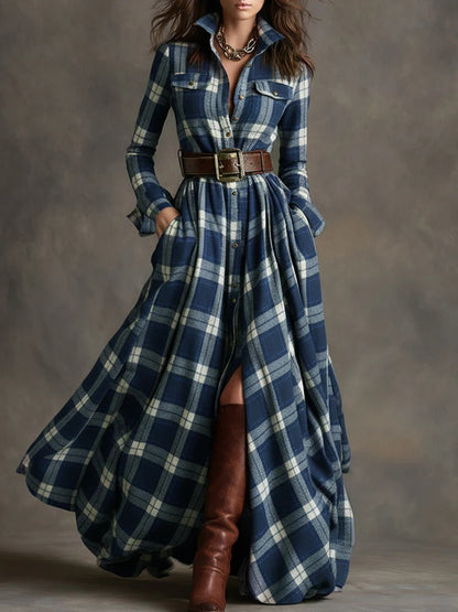 Women's Plus Size Plaid Print Long Sleeve Shirt Dress with Pockets FitiqueFit