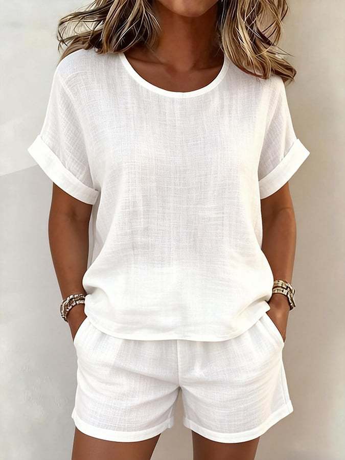 Solid-Color T-Shirt & Shorts Set – Cotton Linen, 10 Colors FitiqueFit