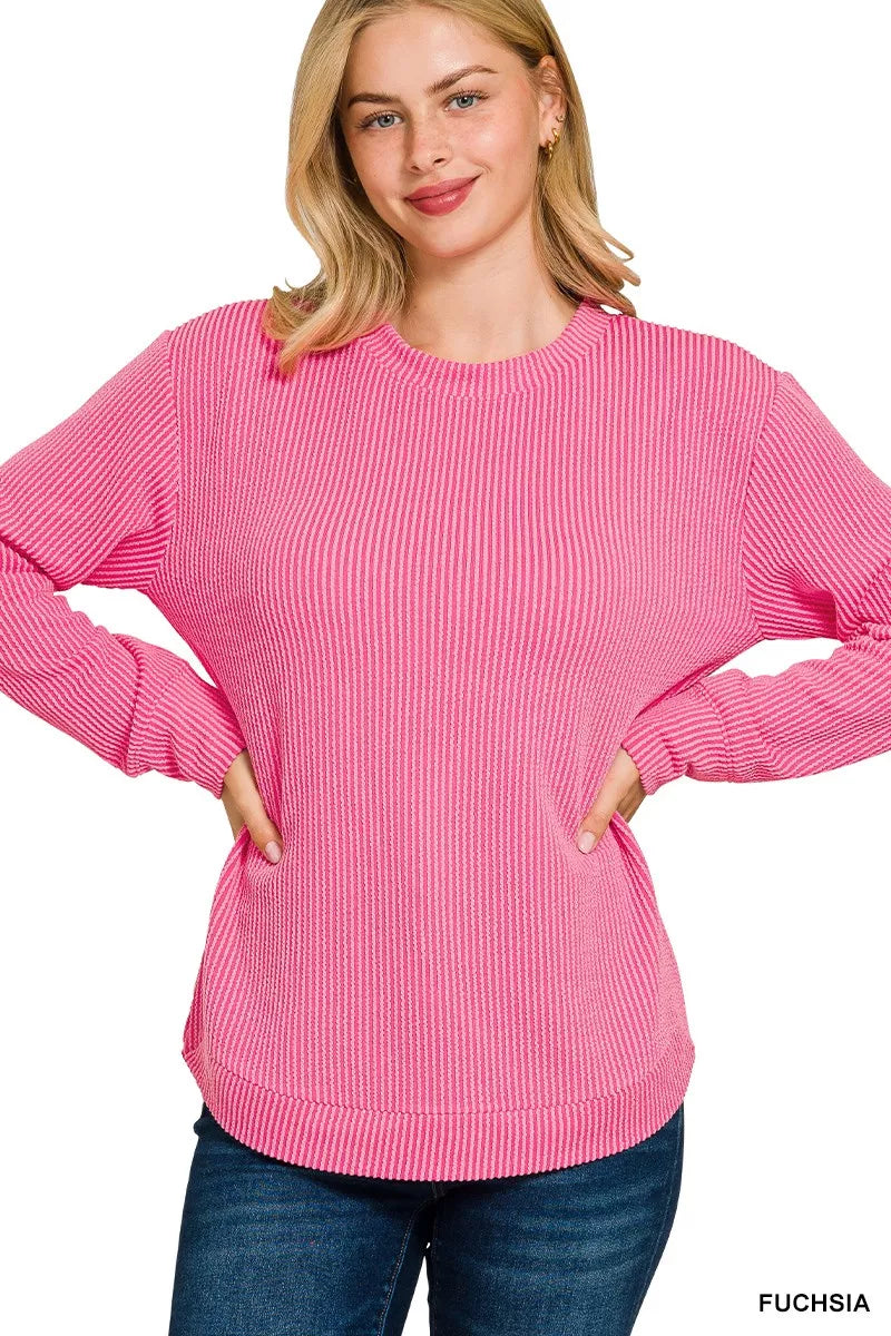 Zenana Full Size Raised Rib Round Neck Long Sleeve Top Plus Size Garden Naked Curves